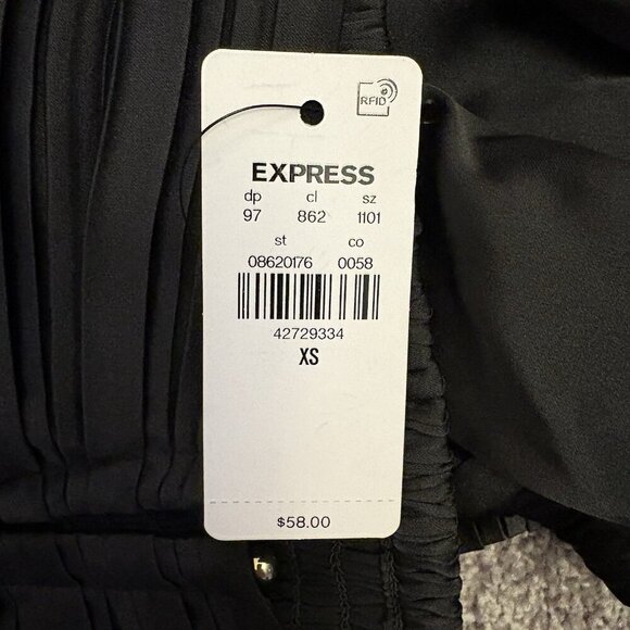 Express Women's Satin Top Size XS Black V-Bar Puff Sleeve Ruched Pleated NWT $58 - Picture 14 of 16